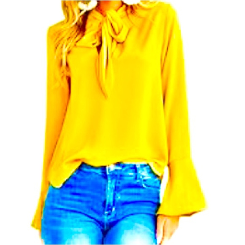 Yellow, Casual Bow Tie Neck Blouse Top Bell Long Sleeve